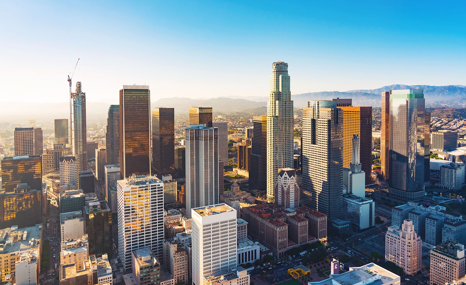 Aerial view of a Downtown LA at sunset